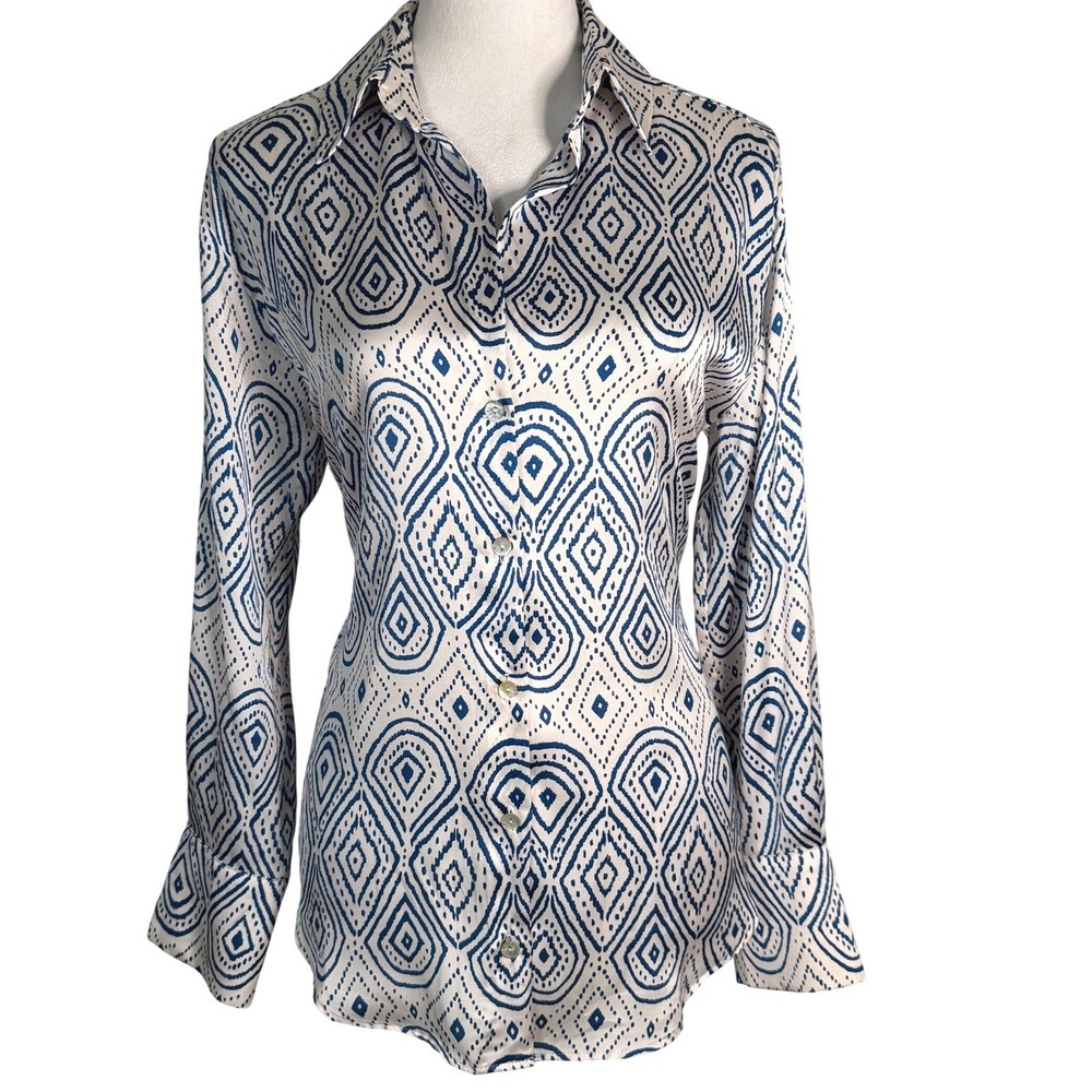 Zara Blue White Satin Ikat Print Collared Shirt XS Polished Silky Career Blouse